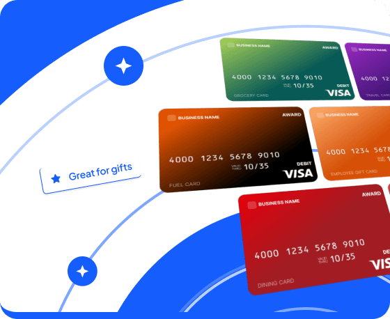 Five coloured Visa award cards scattered over blue swirls, tagged Great for gifts.