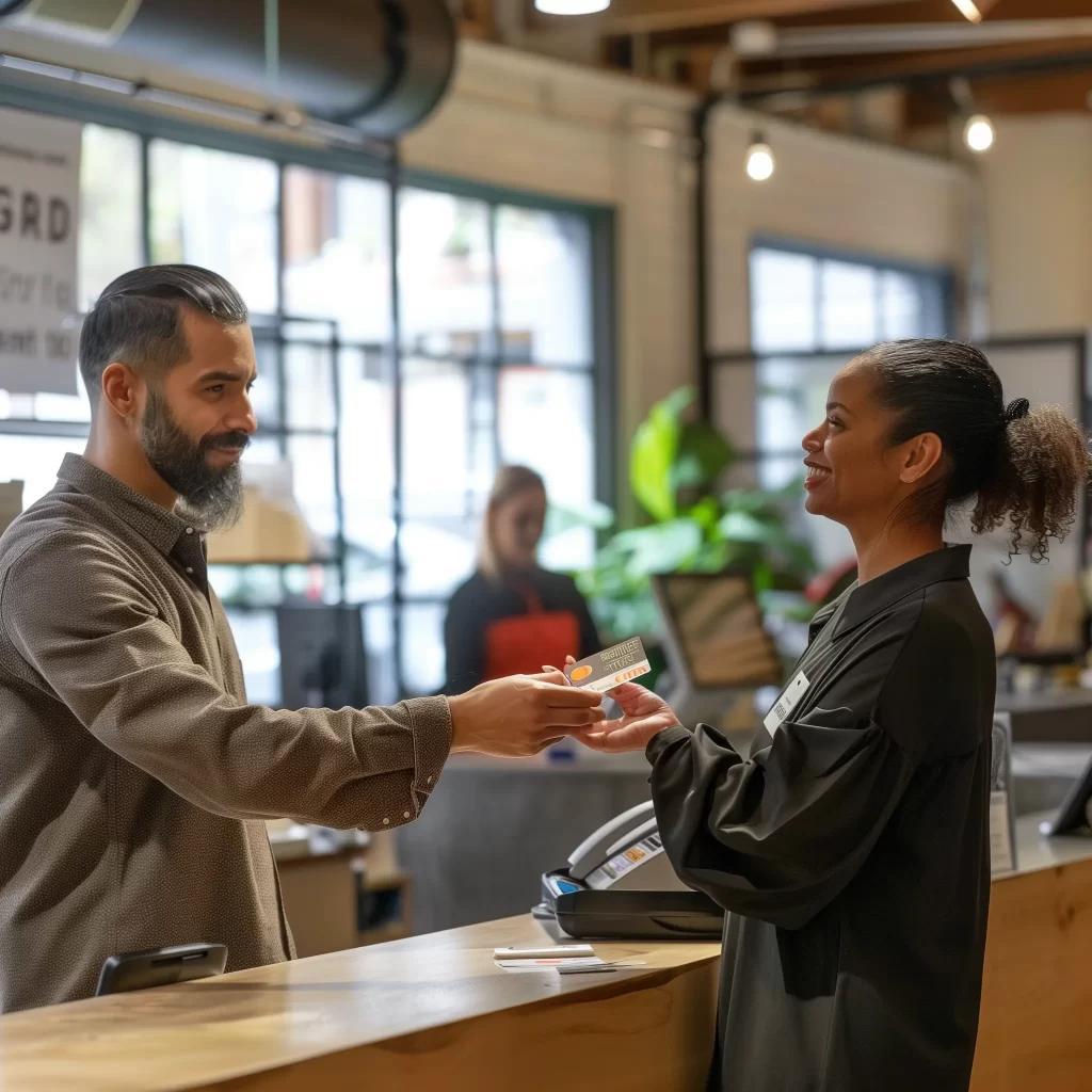 a business owner giving a visa gift card to a customer
