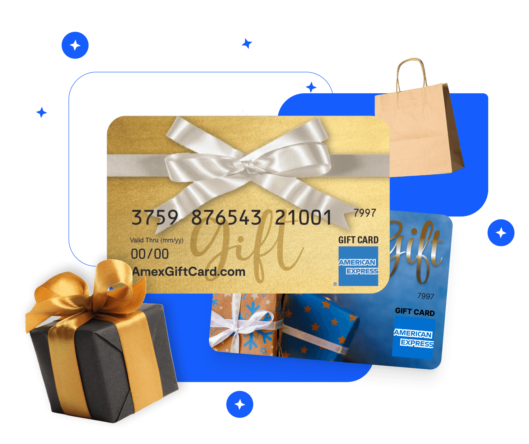 American Express gift cards displayed with wrapped presents and a shopping bag