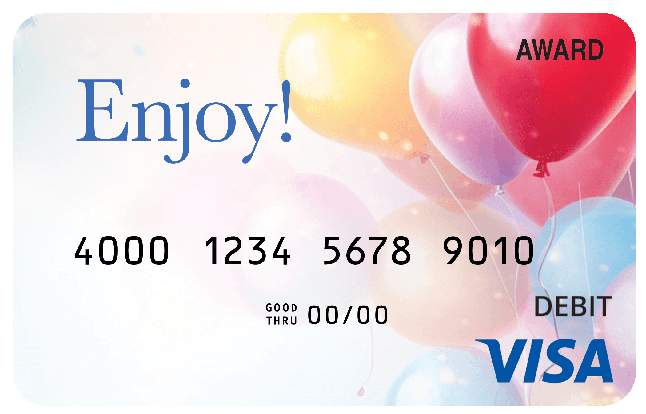 Award debit card with a pale blue background, white gift box, ribbon, and the message “Enjoy!”