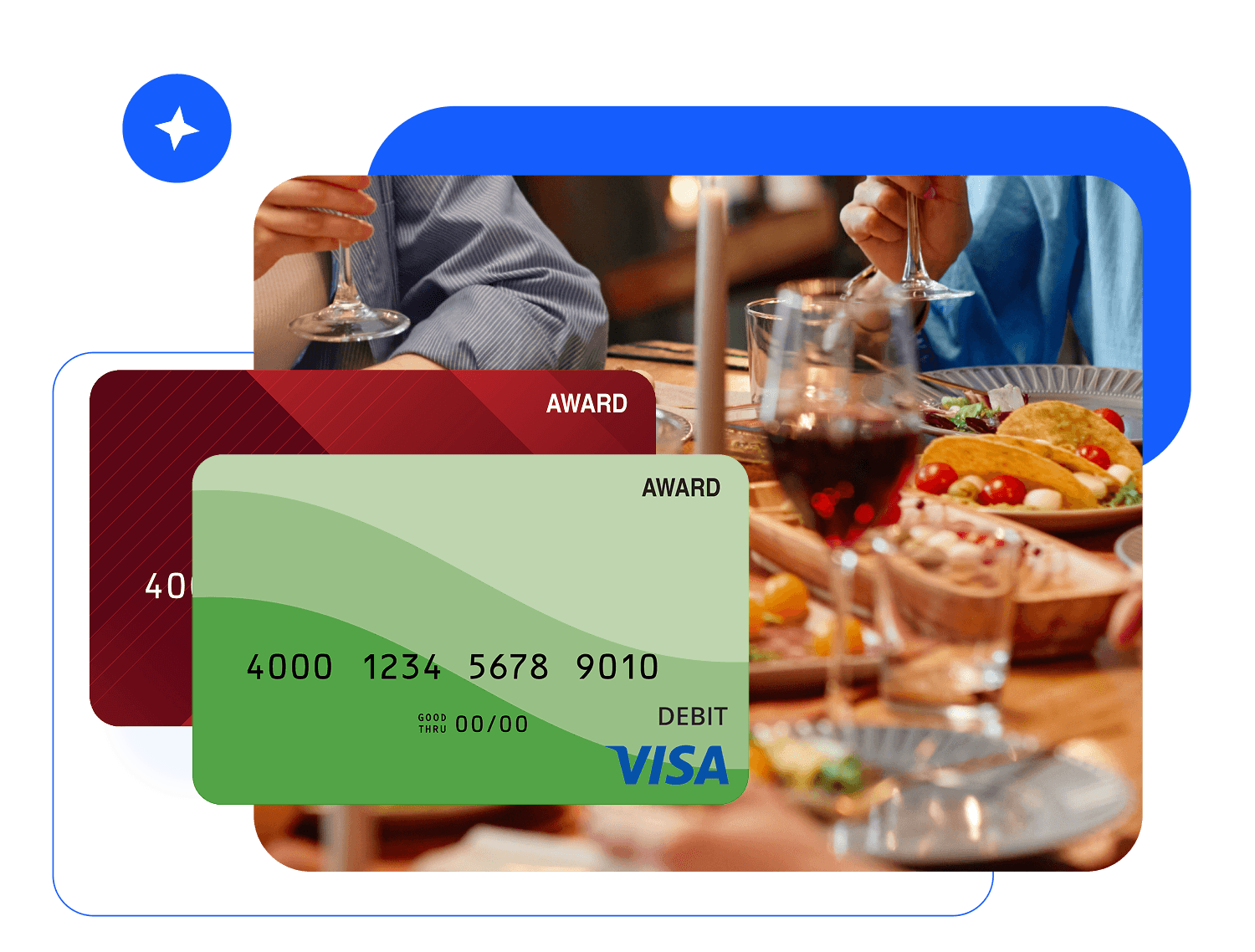 Red dining card and blue custom-branded Visa card layered over a blurred restaurant interior.