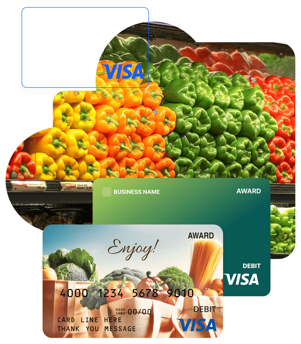 Display of colourful peppers above two grocery-themed Visa award cards.