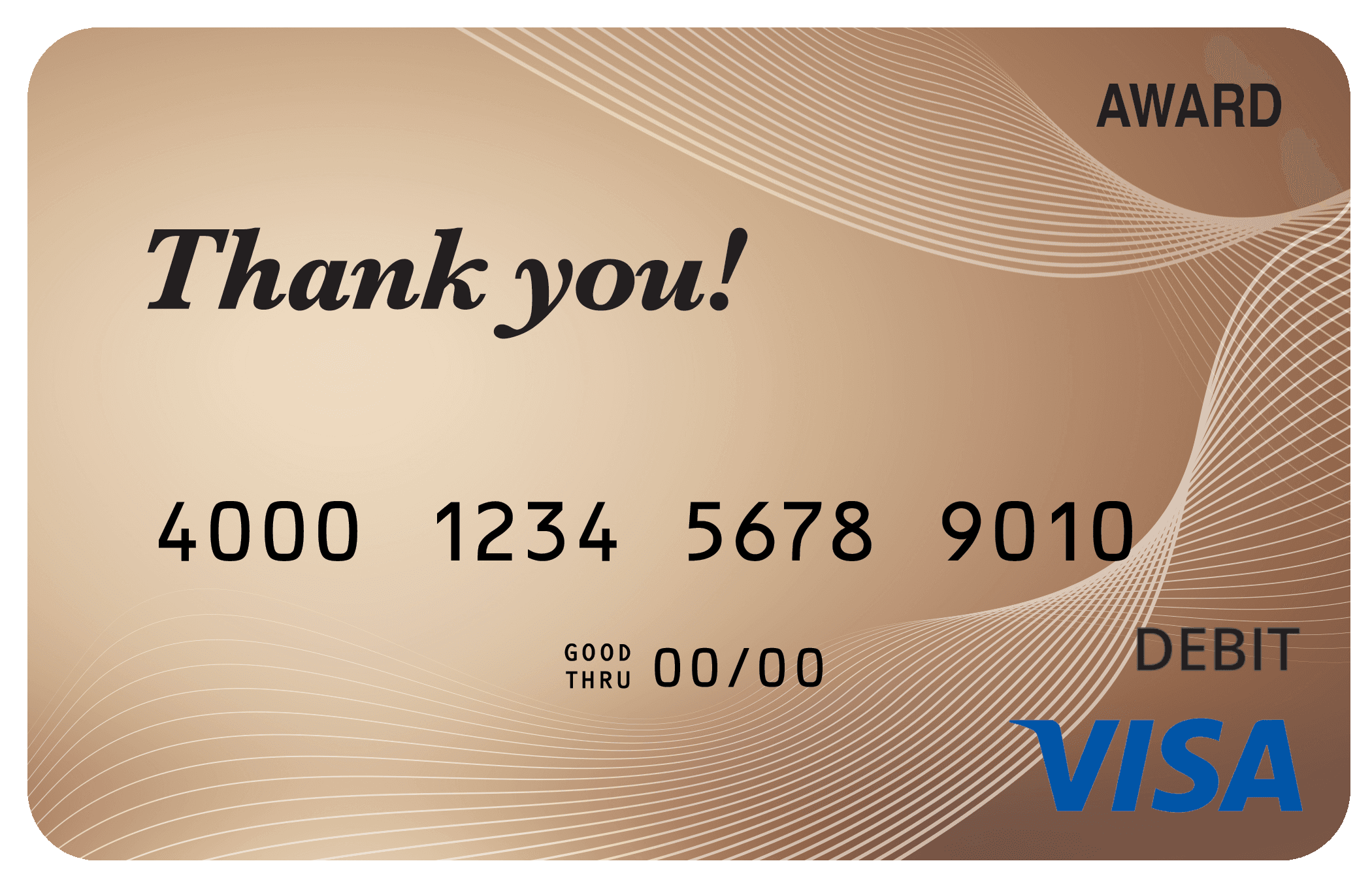 Award debit card with a copper-toned abstract flowing-line design.