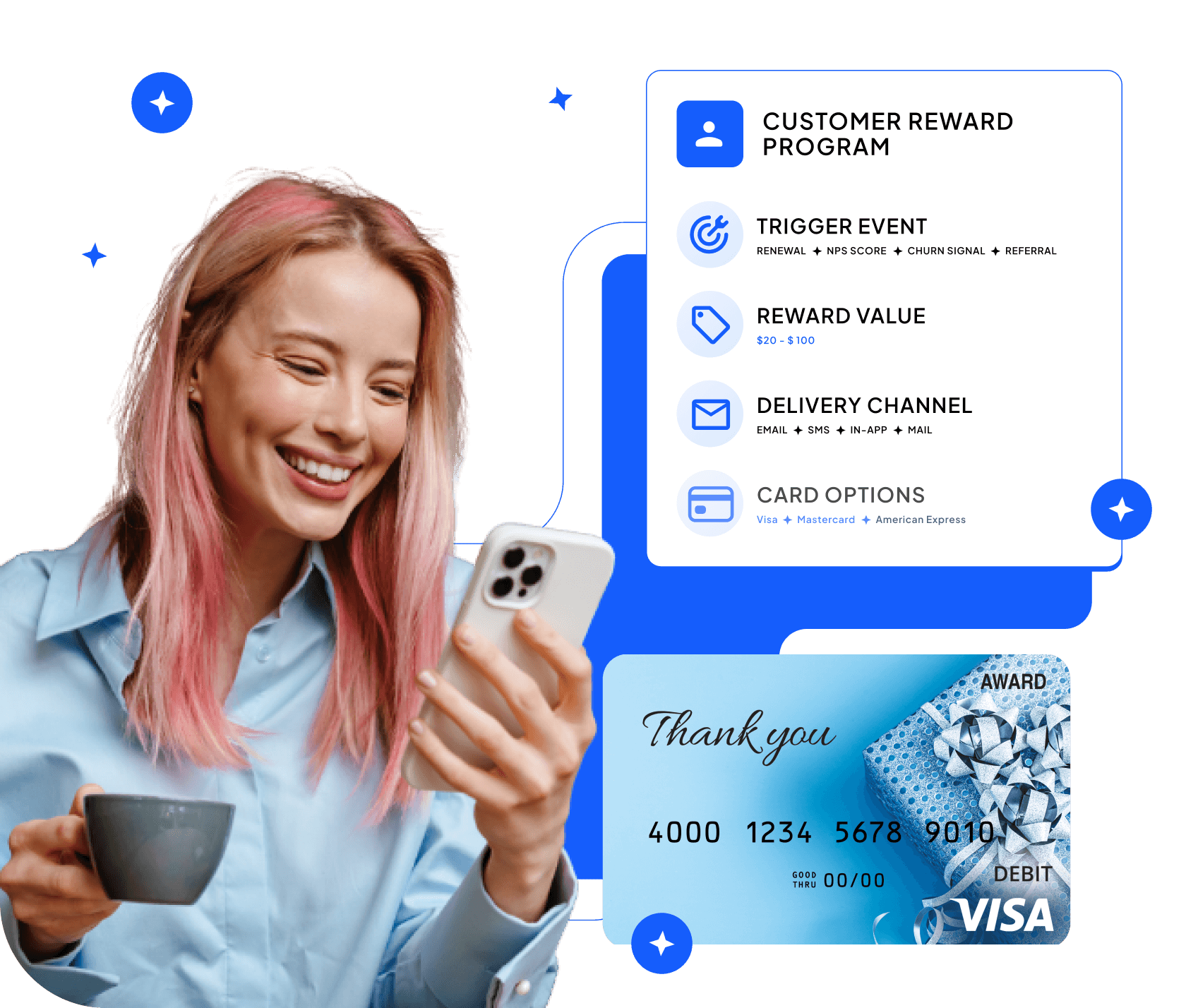 Woman with pink hair smiling at her phone beside a reward programme settings panel and a branded Visa card.