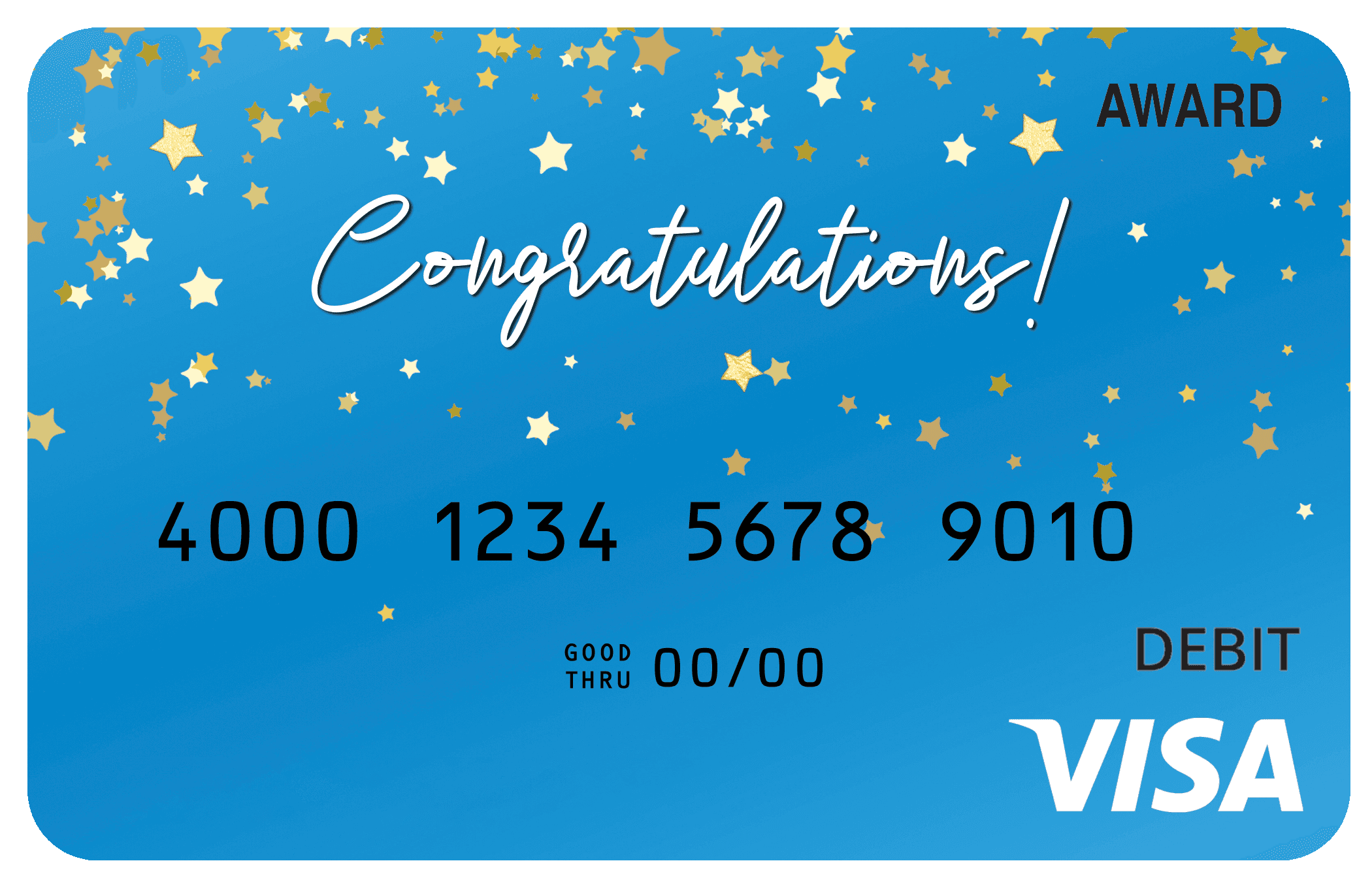 Award debit card with sparkling celebratory details and a congratulations theme.