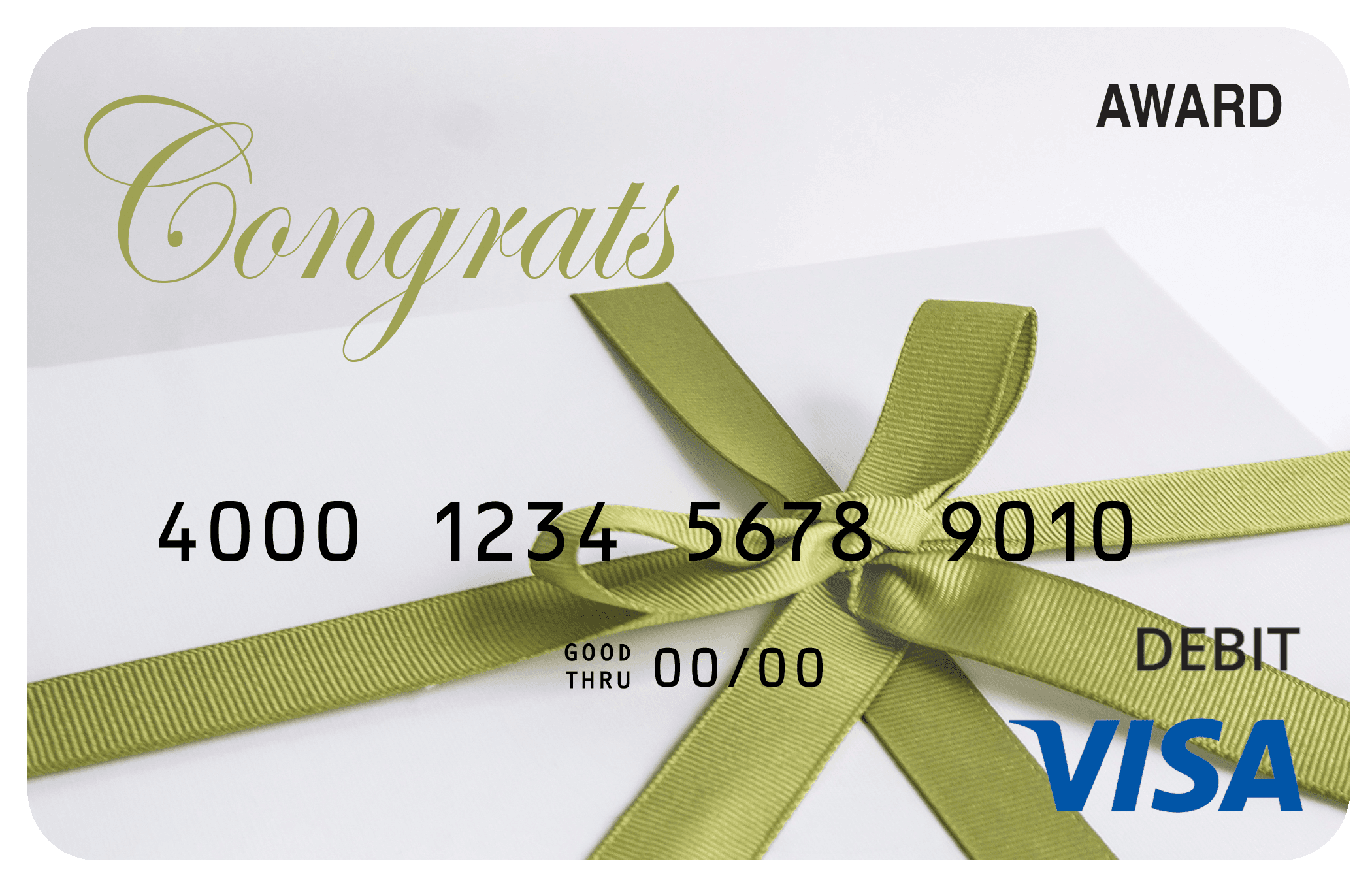 Award debit card with a decorative ribbon and bow celebrating congratulations.