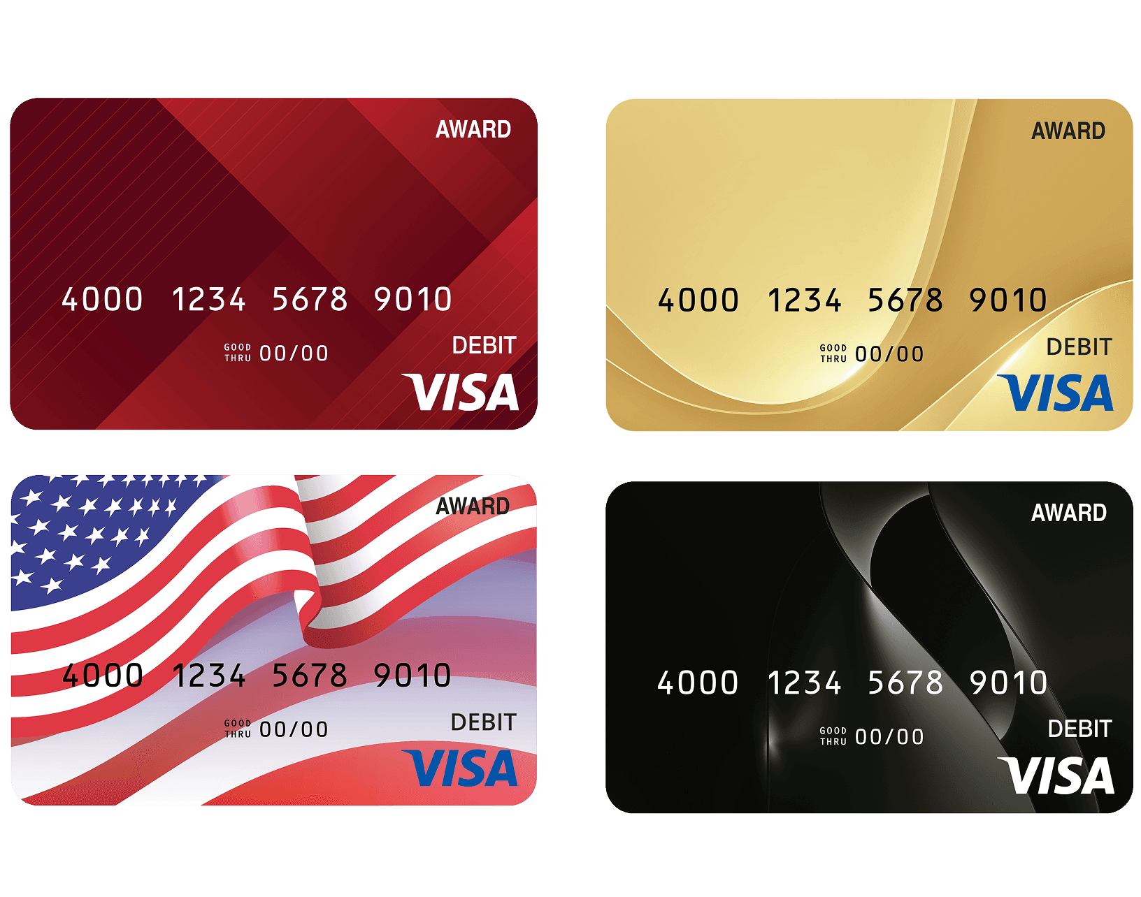 Four Visa award cards fanned out in red, gold, black and US flag designs.