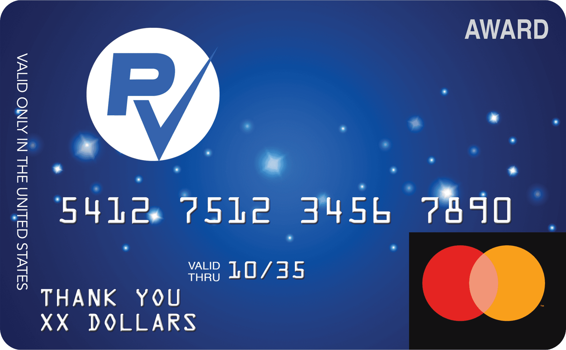 Pale cream reloadable Mastercard award card showing a card number and expiry date.