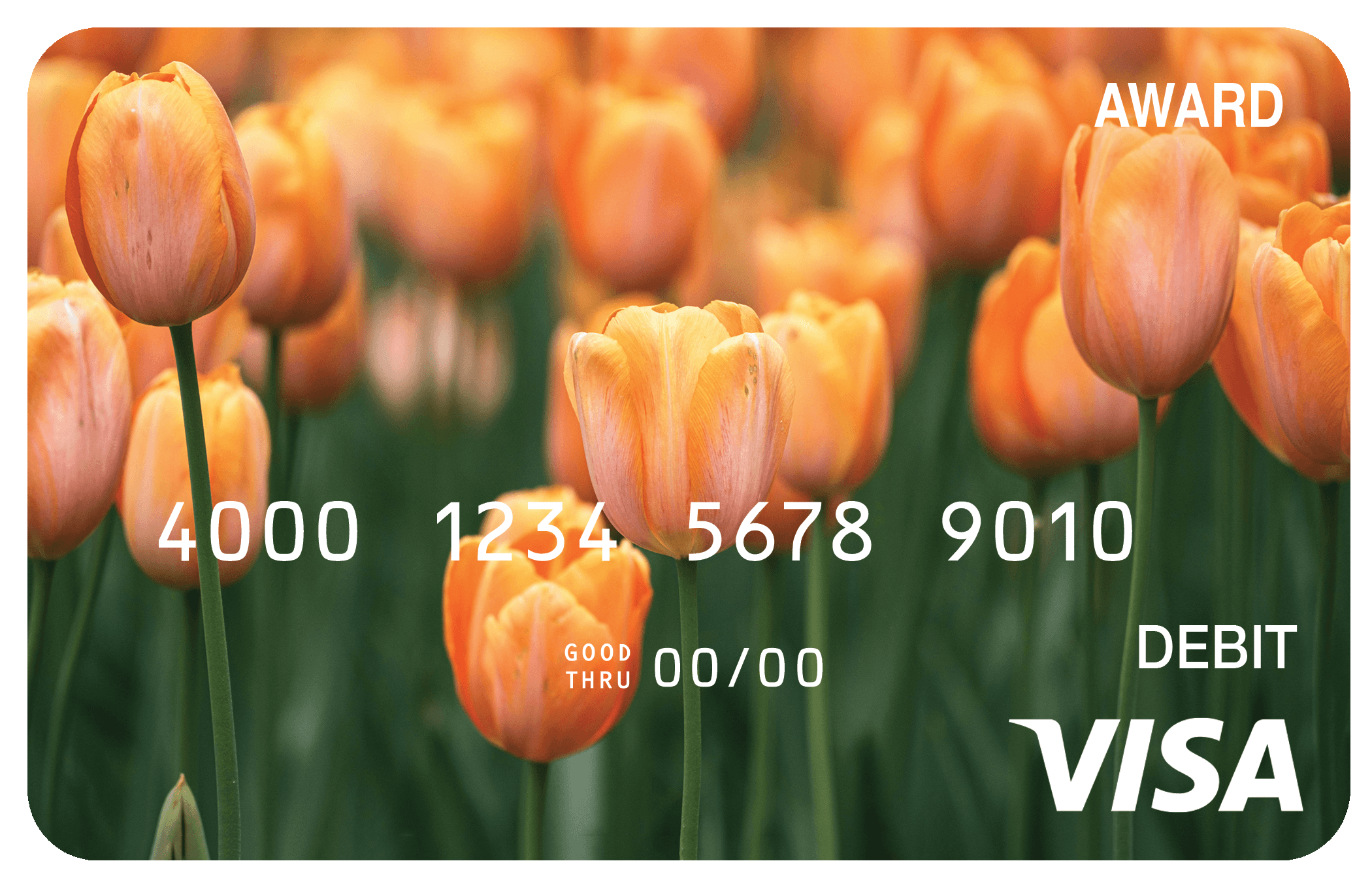 Award debit card featuring orange tulips in bloom with a warm spring floral background.