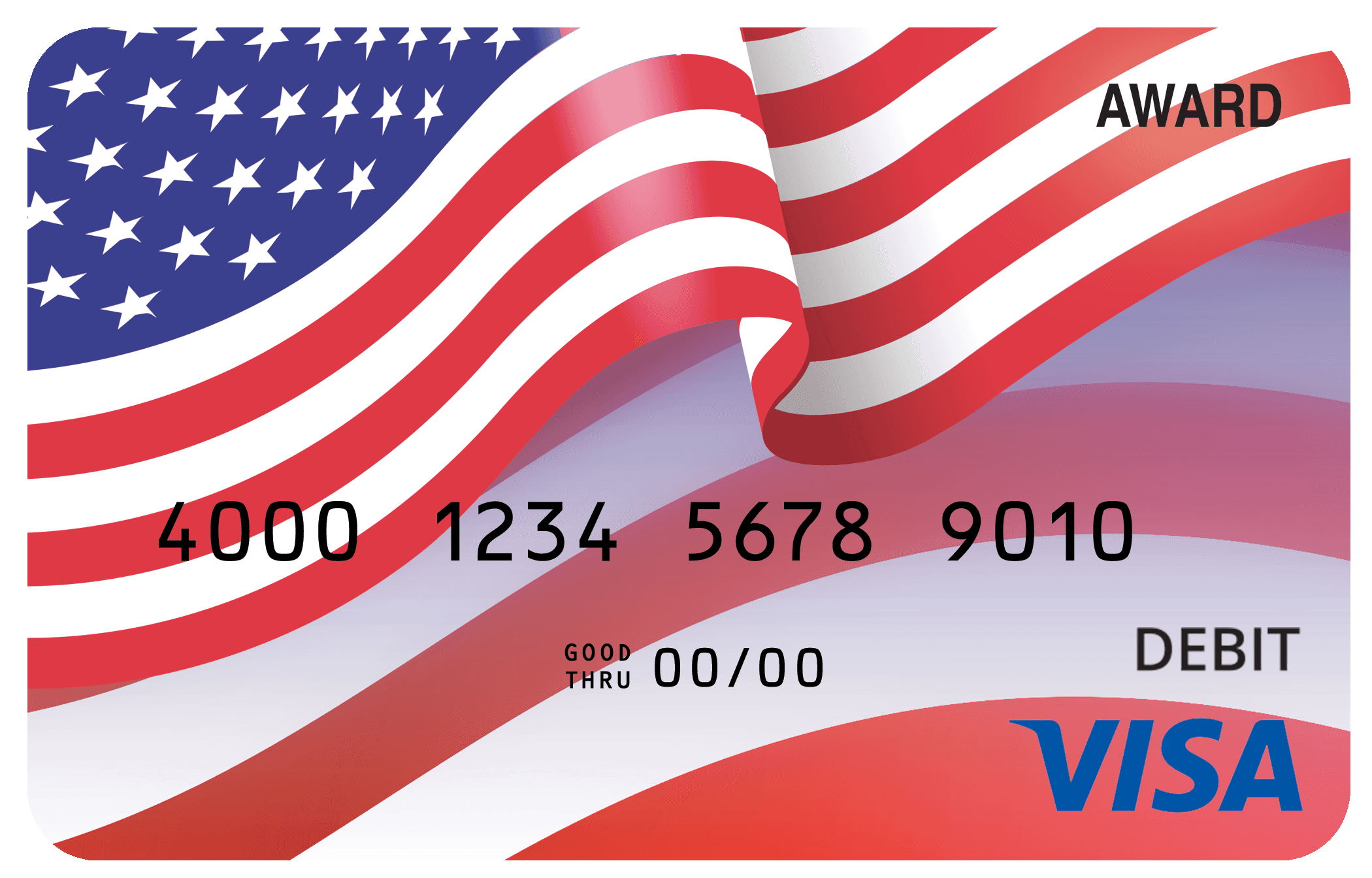 Award debit card with a patriotic American flag design in red, white, and blue.