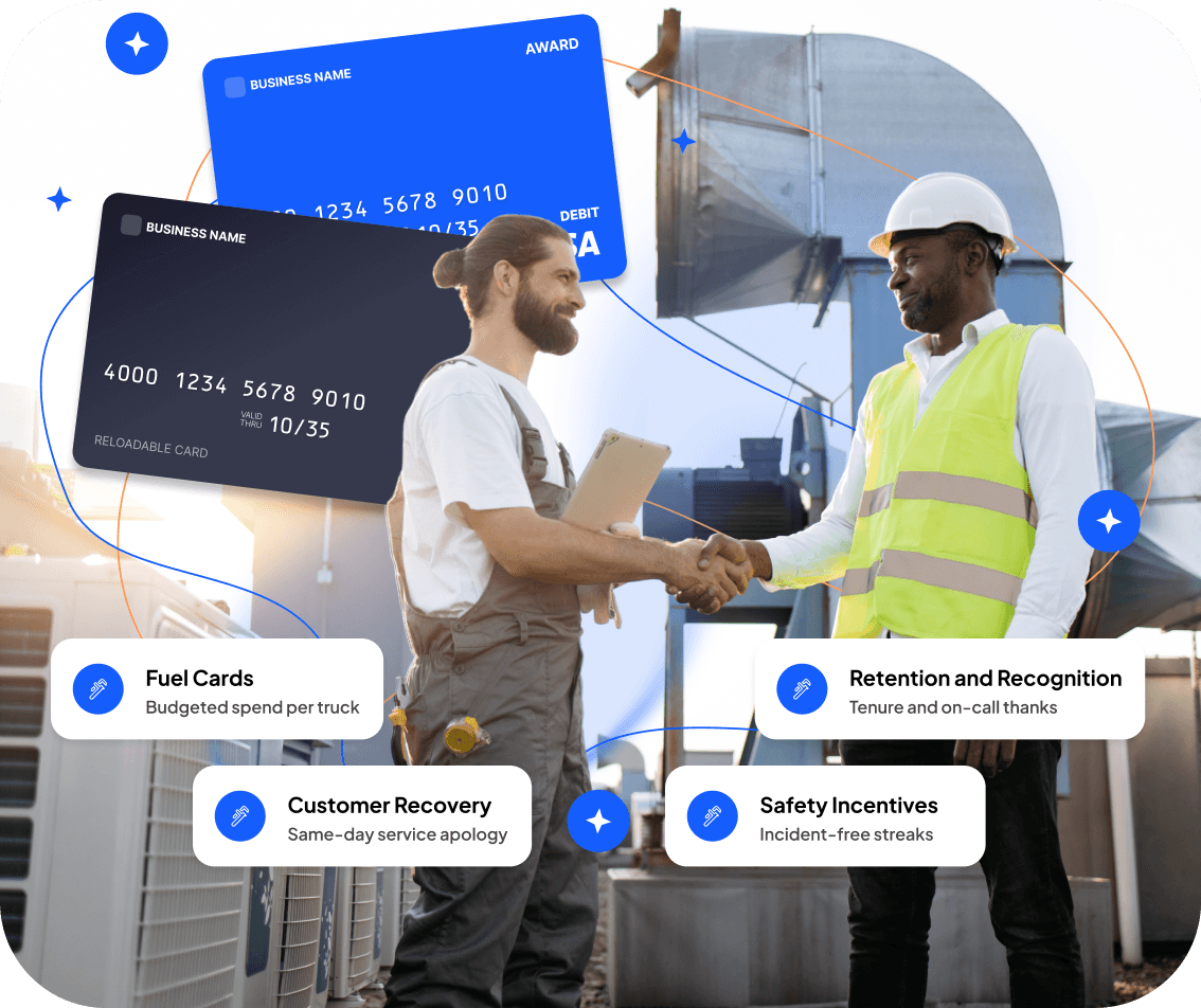 Two technicians shaking hands beside rooftop equipment, tagged fuel cards and safety incentives.