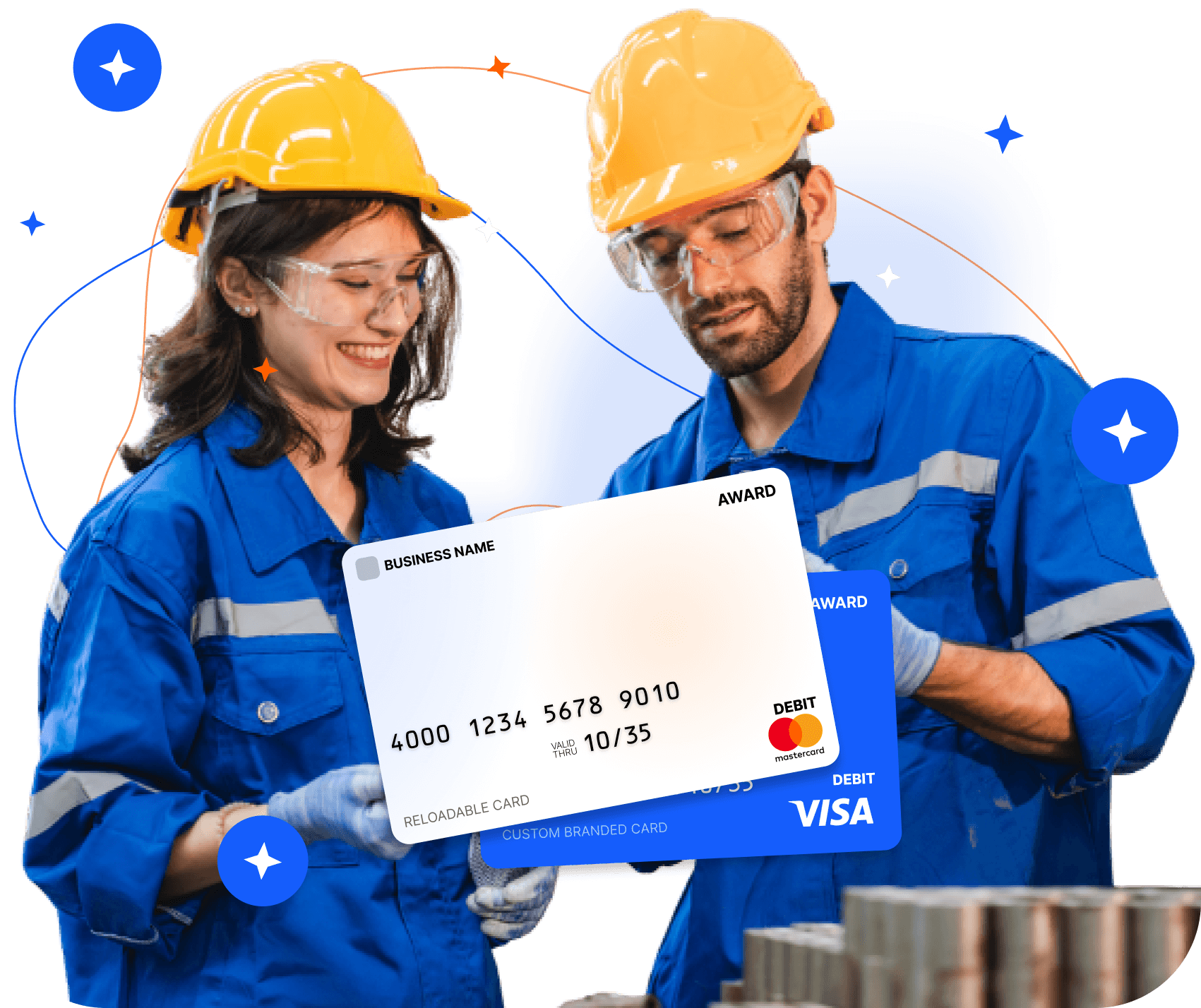 Two workers in blue overalls and hard hats with a branded card, tagged plant safety and productivity bonuses.