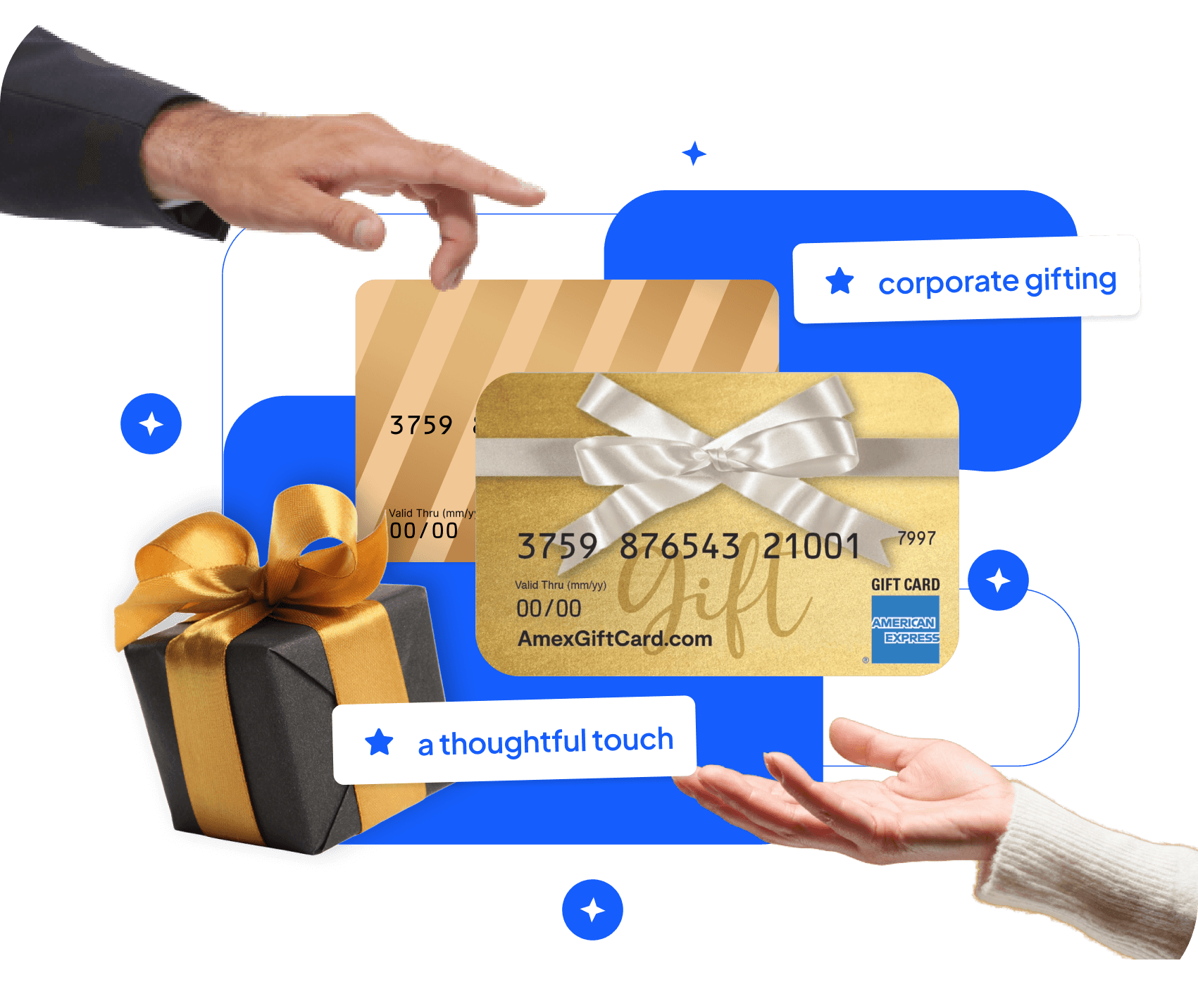 American Express gift cards and a wrapped present displayed between two reaching hands with corporate gifting accents.