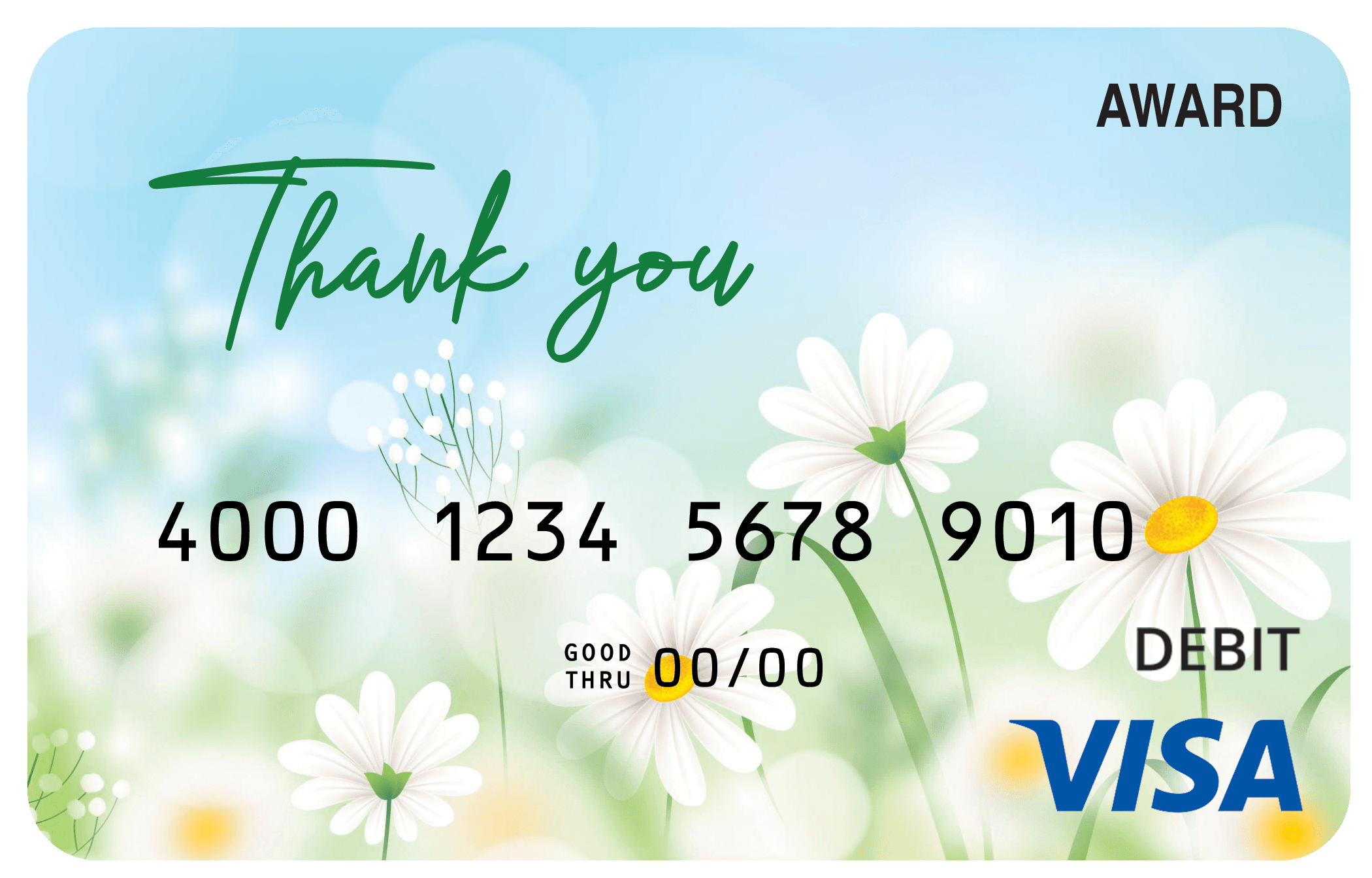 Award debit card with a light spring scene of white daisies and the message “Thank you.”