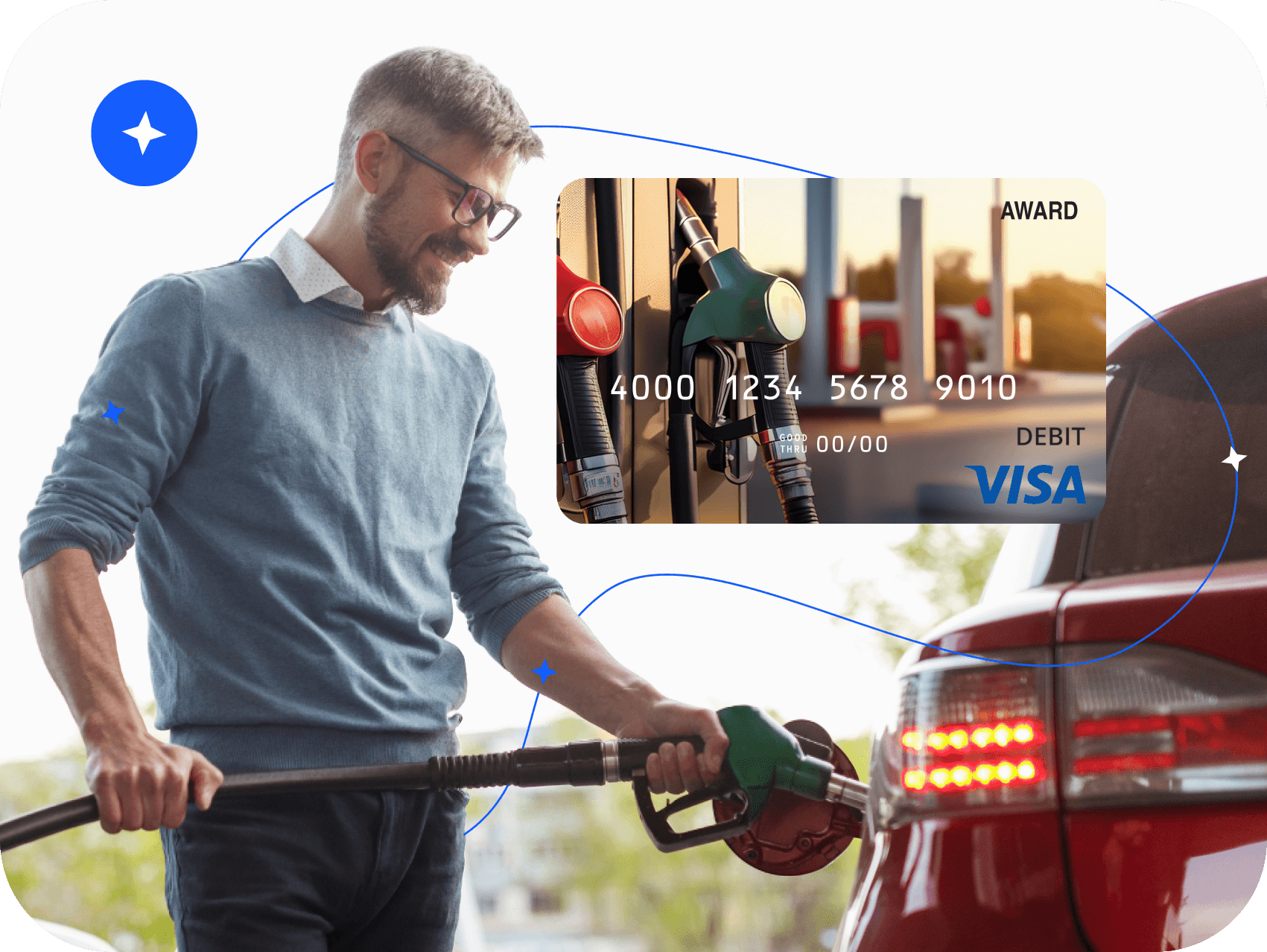 Man refuelling a red car with fuel Visa cards, tagged fleet and delivery, employee mileage and fuel rewards.