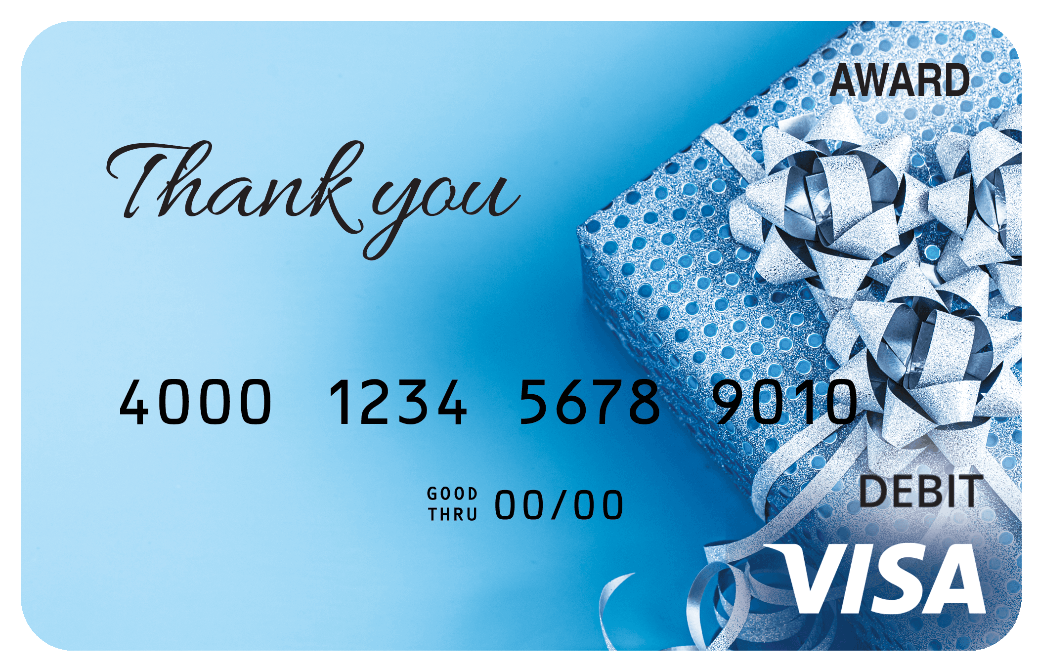 Award debit card featuring a blue gift ribbon and bow with a thank-you theme.