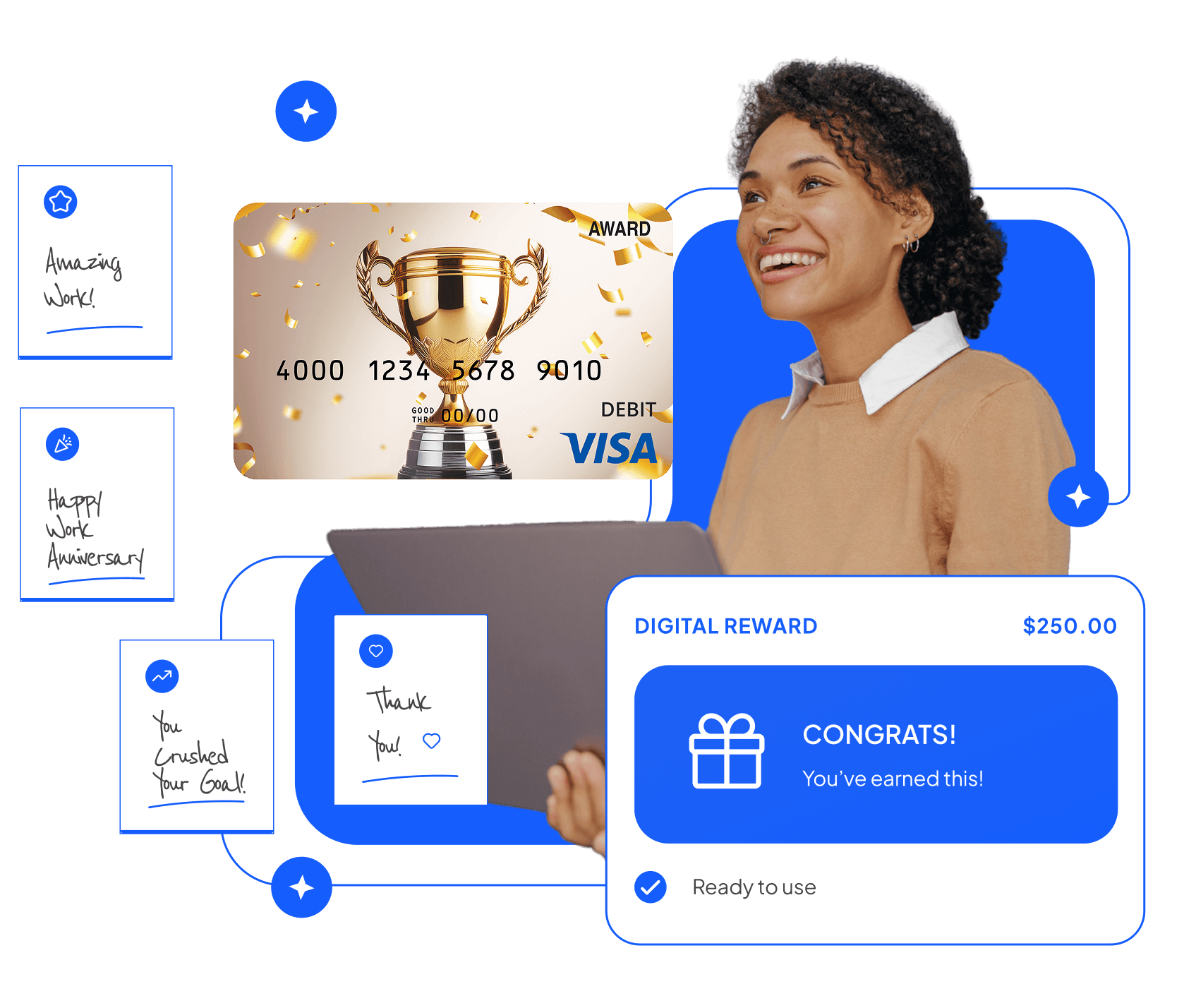 Woman smiling among handwritten thank-you notes beside a Digital Reward panel showing $250.