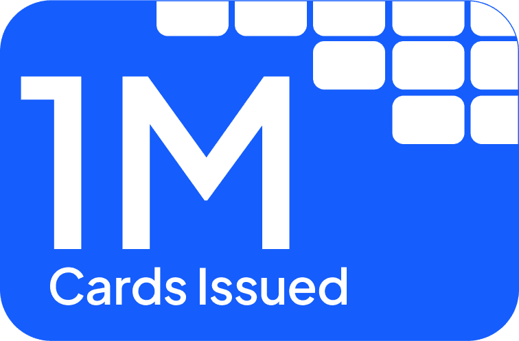 Blue rounded panel with large white text reading 1M Cards Issued.