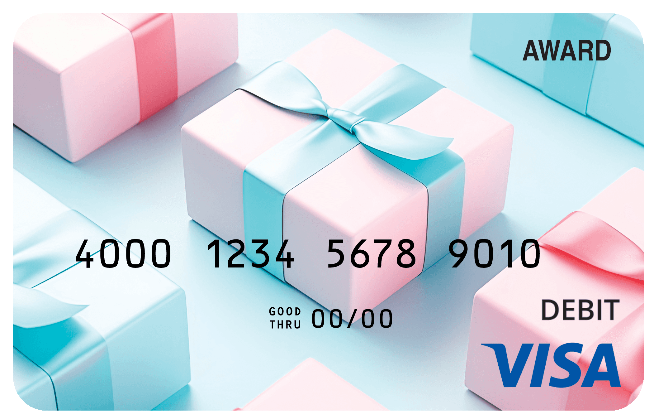 Award debit card with soft pastel colors and cheerful celebration-themed details.