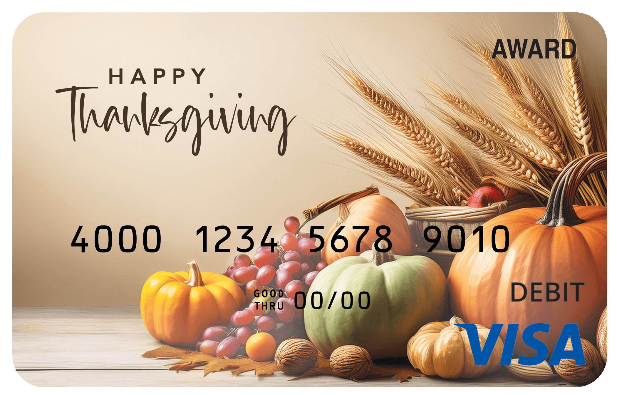 Award debit card with pumpkins, wheat, grapes, and harvest produce beside a “Happy Thanksgiving” message.
