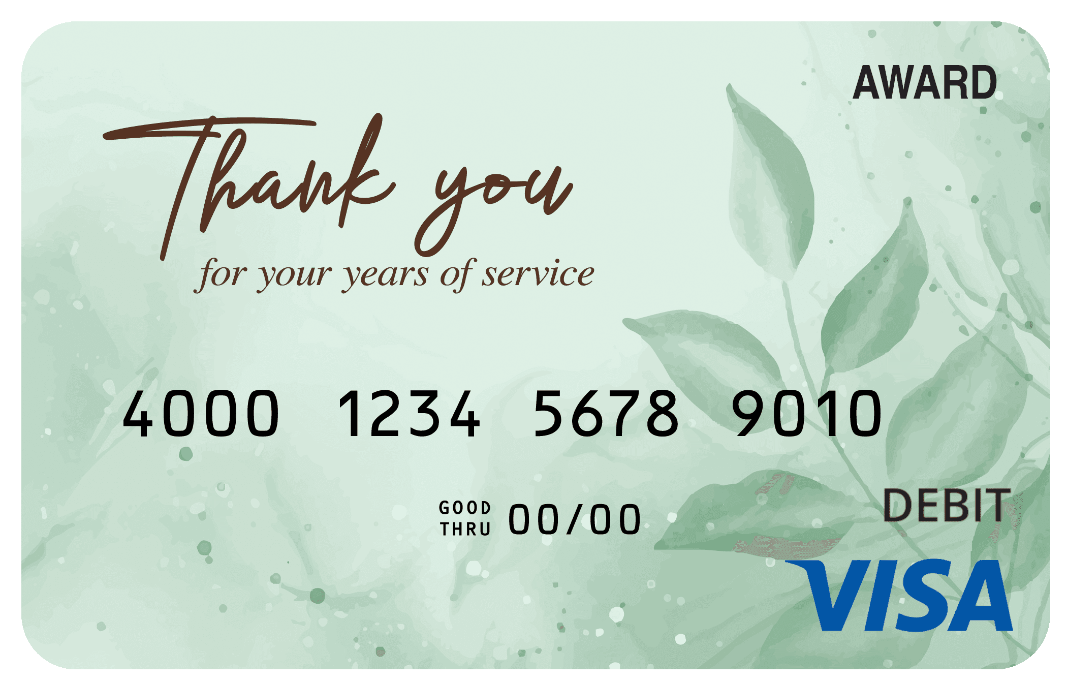Award debit card with pale green botanical leaves and the message “Thank you for your years of service.”