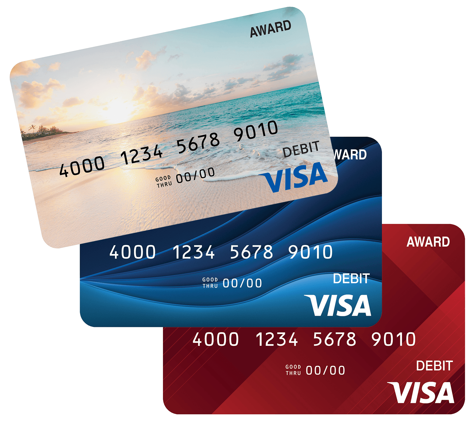 Three Visa award cards fanned out: a tropical beach design, a dark navy one and a red one.