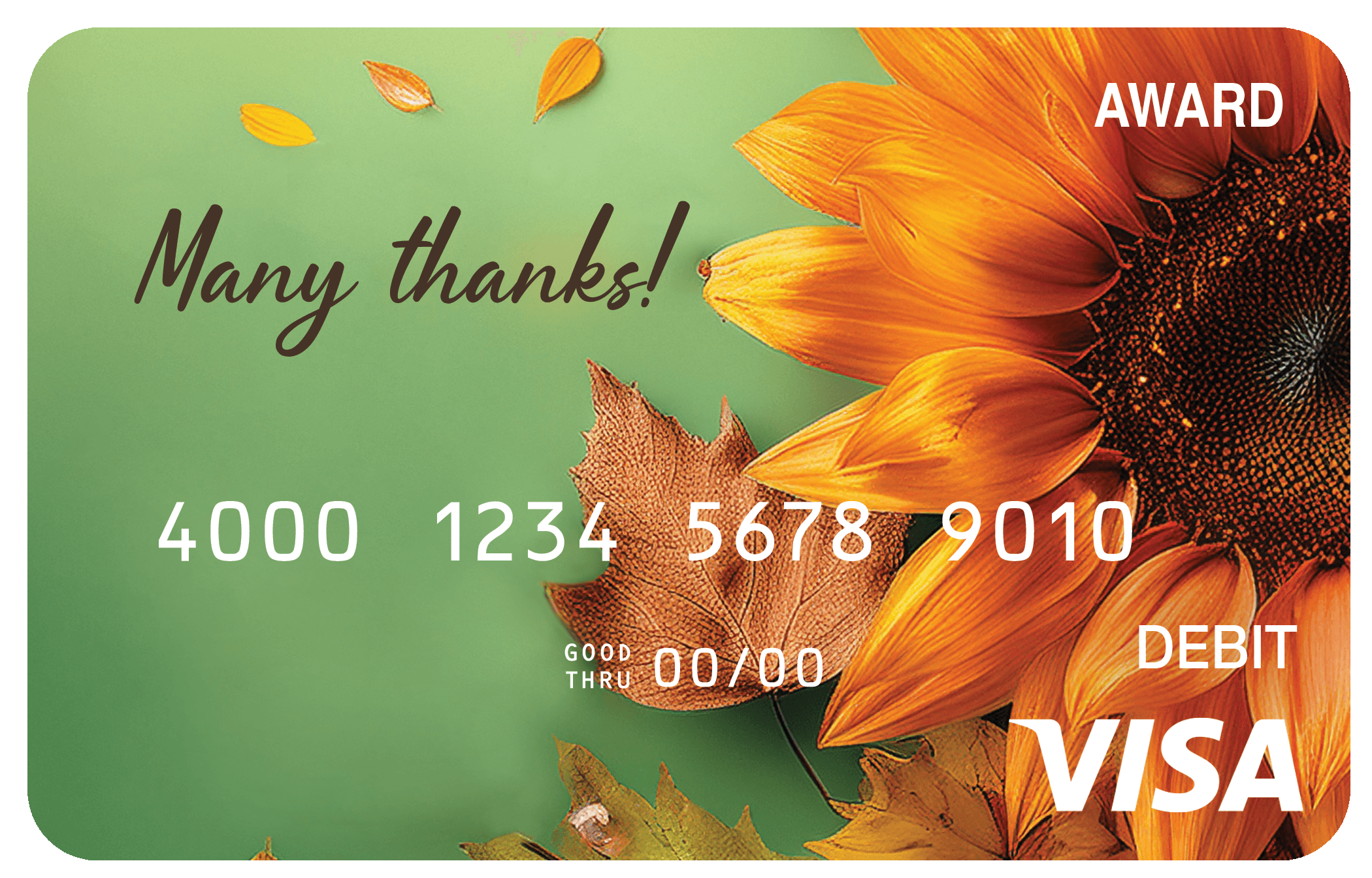 Award debit card featuring pumpkins and autumn harvest decorations in warm seasonal colors.