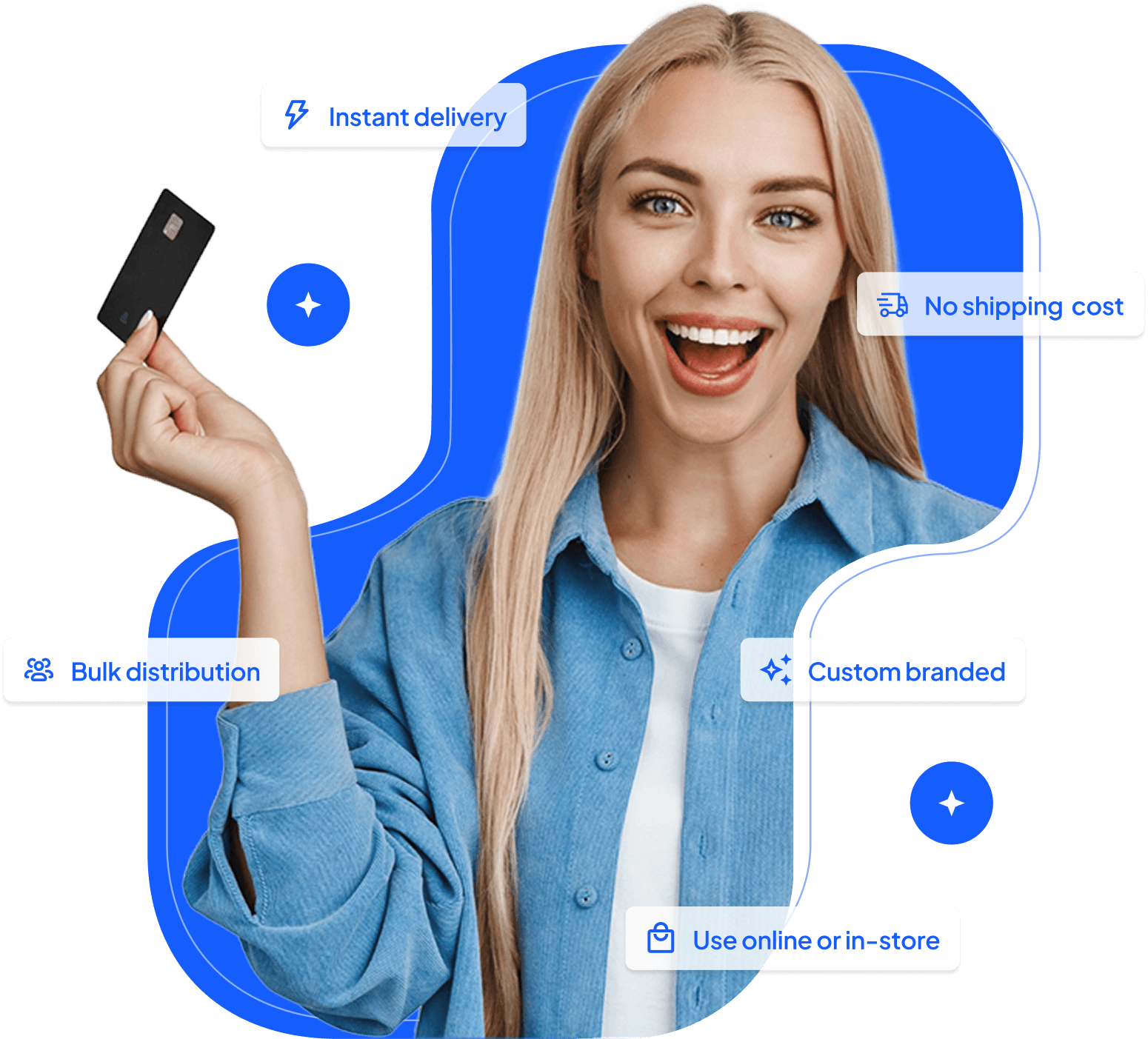 Woman holding a black card, tagged instant delivery, no shipping cost, custom branded and bulk distribution.