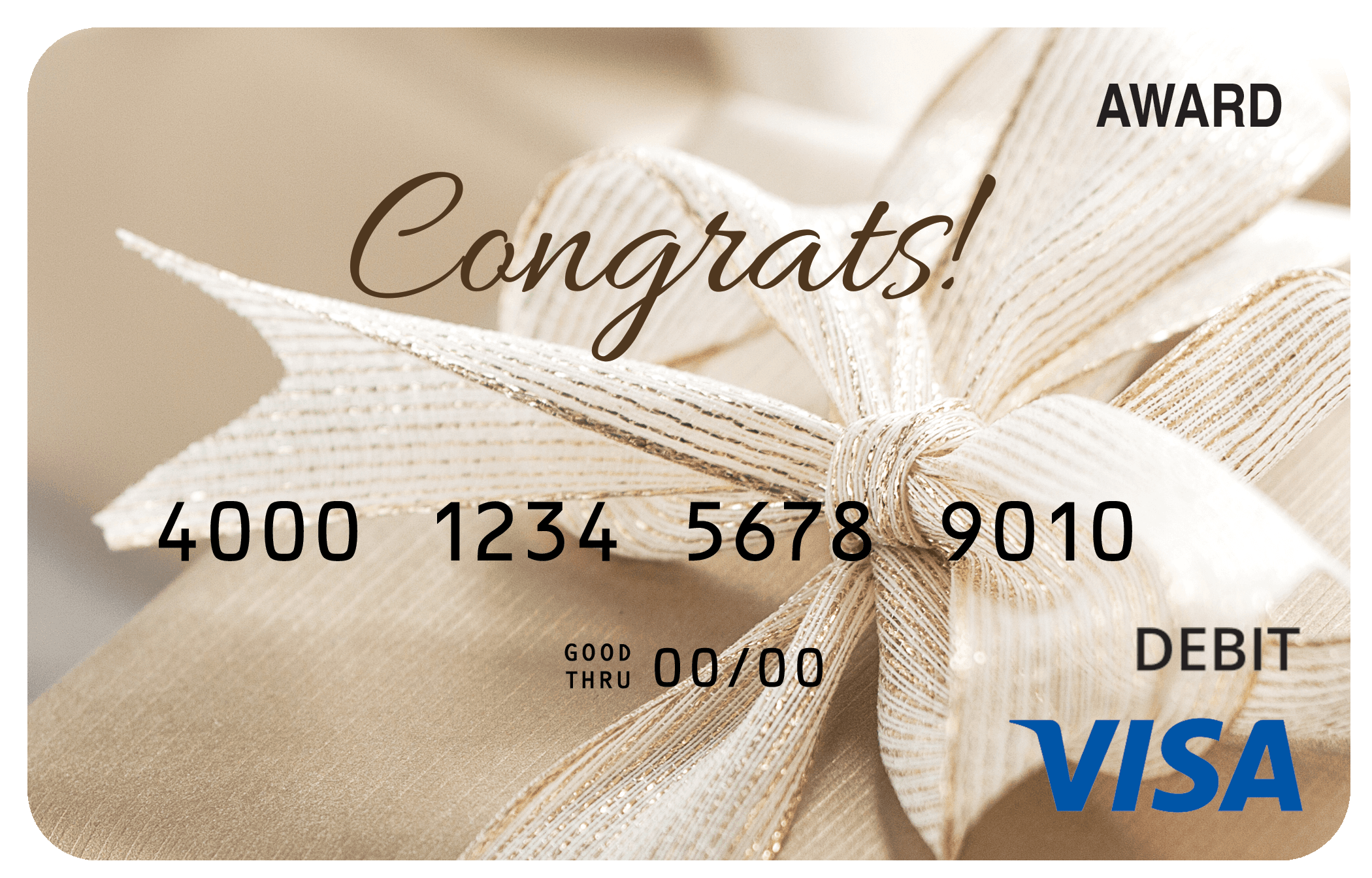 Award debit card featuring a wrapped present and a celebratory congratulations theme.