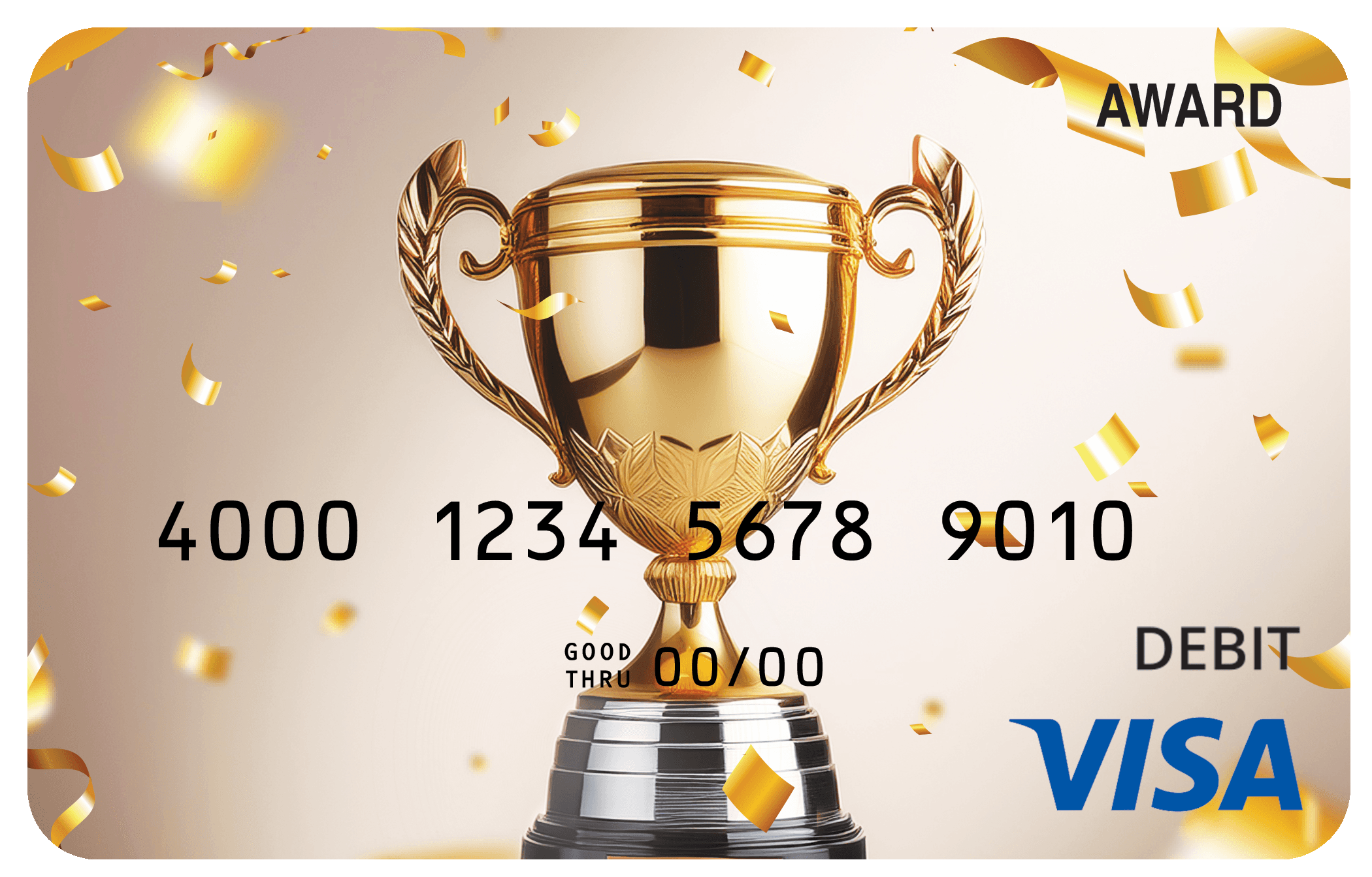 Award debit card with a blue ribbon and gold medal on a light blue background.