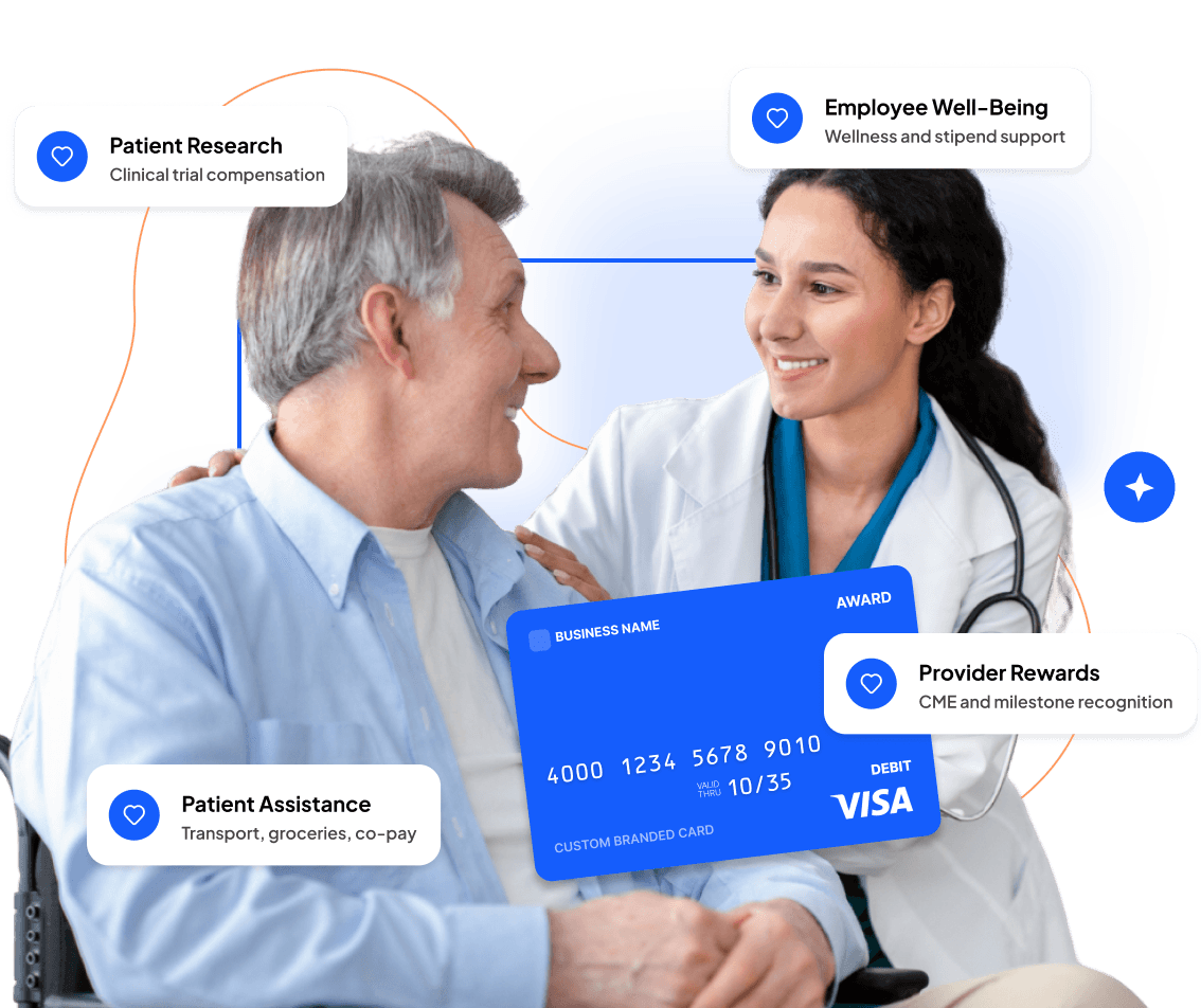 Doctor talking with an older patient, tagged patient research, employee well-being and provider rewards.
