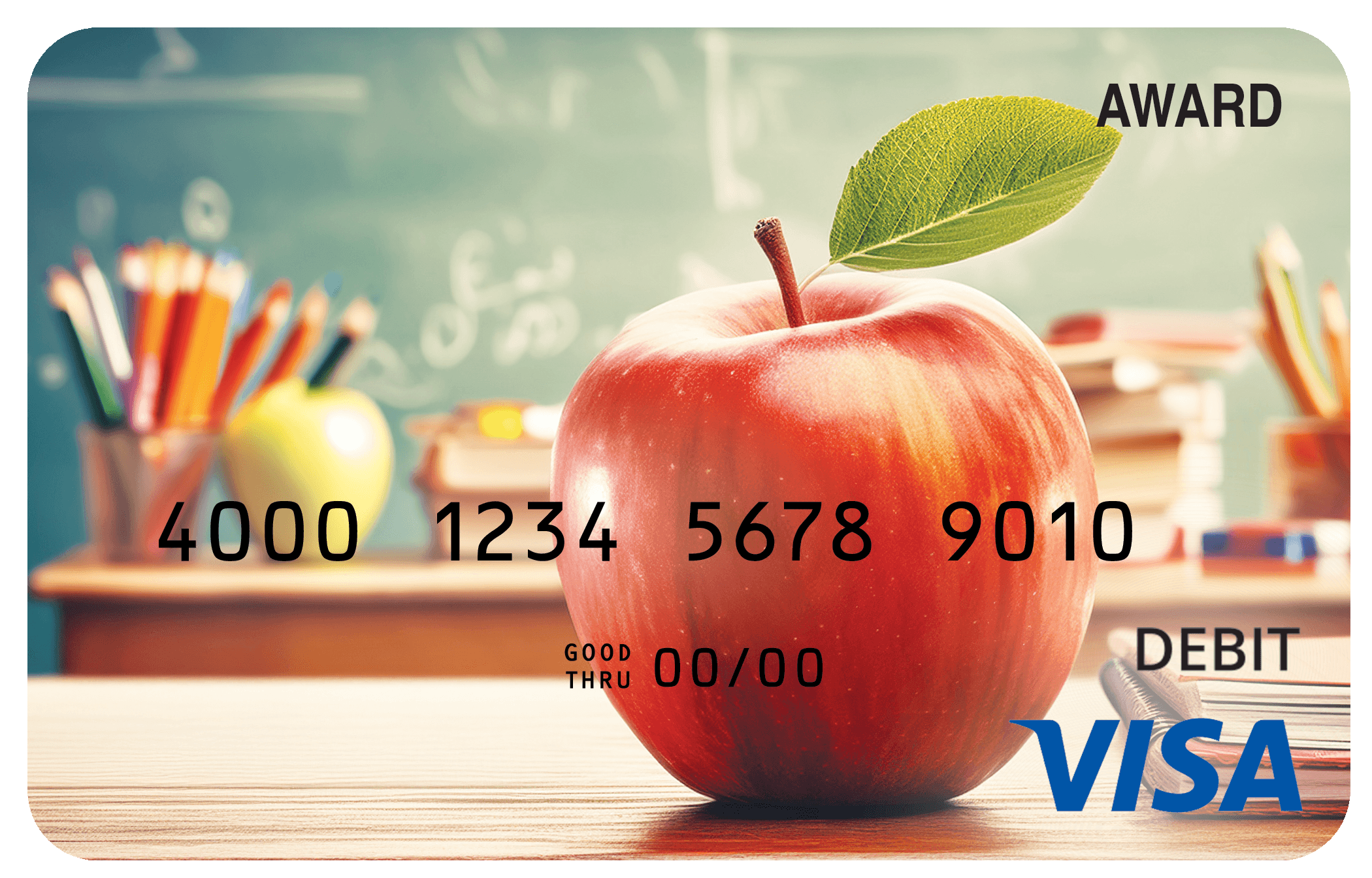 Award debit card featuring a red apple, school supplies, books, and a classroom background.