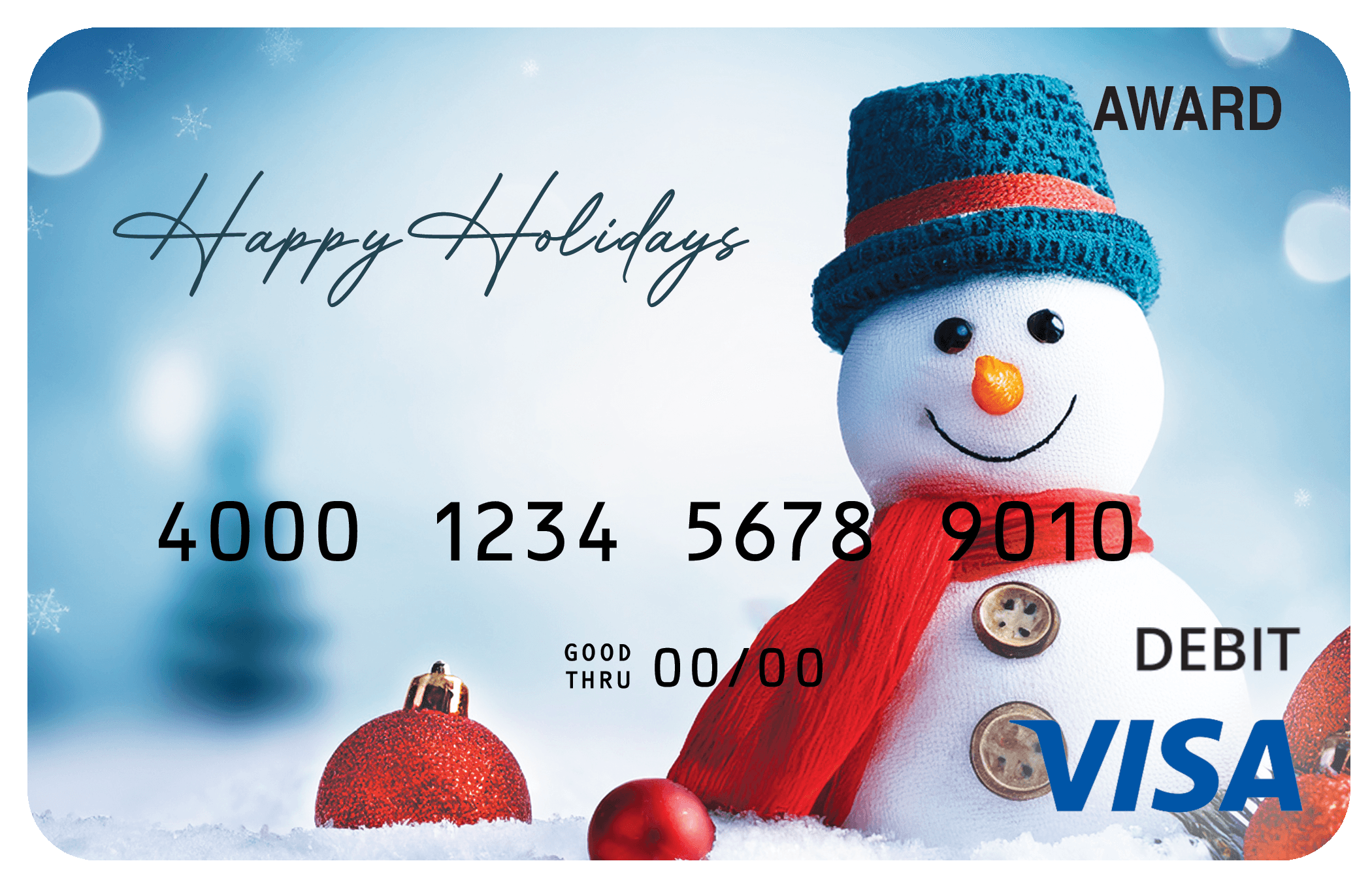 Award debit card with a cool winter theme, icy blue tones, and festive seasonal details.