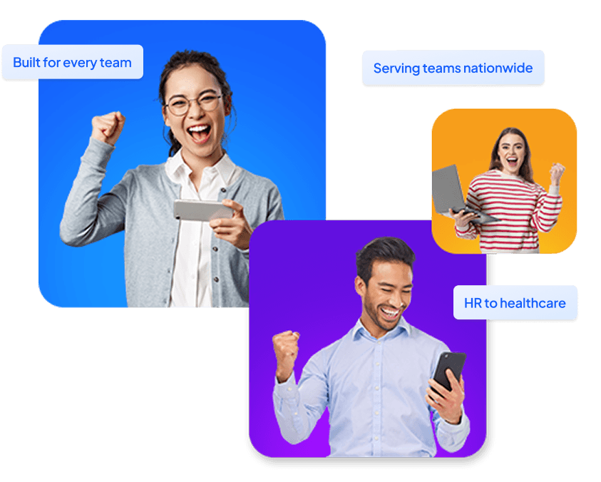 Three people cheering at phones and a laptop in blue, orange and purple tiles, tagged with recognition types.