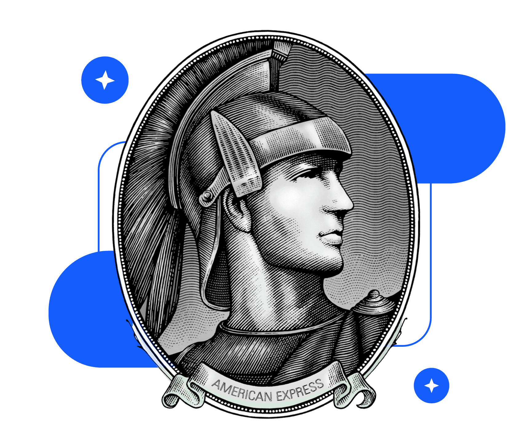 Engraved American Express centurion head in profile inside a circle, on a blue accented background.