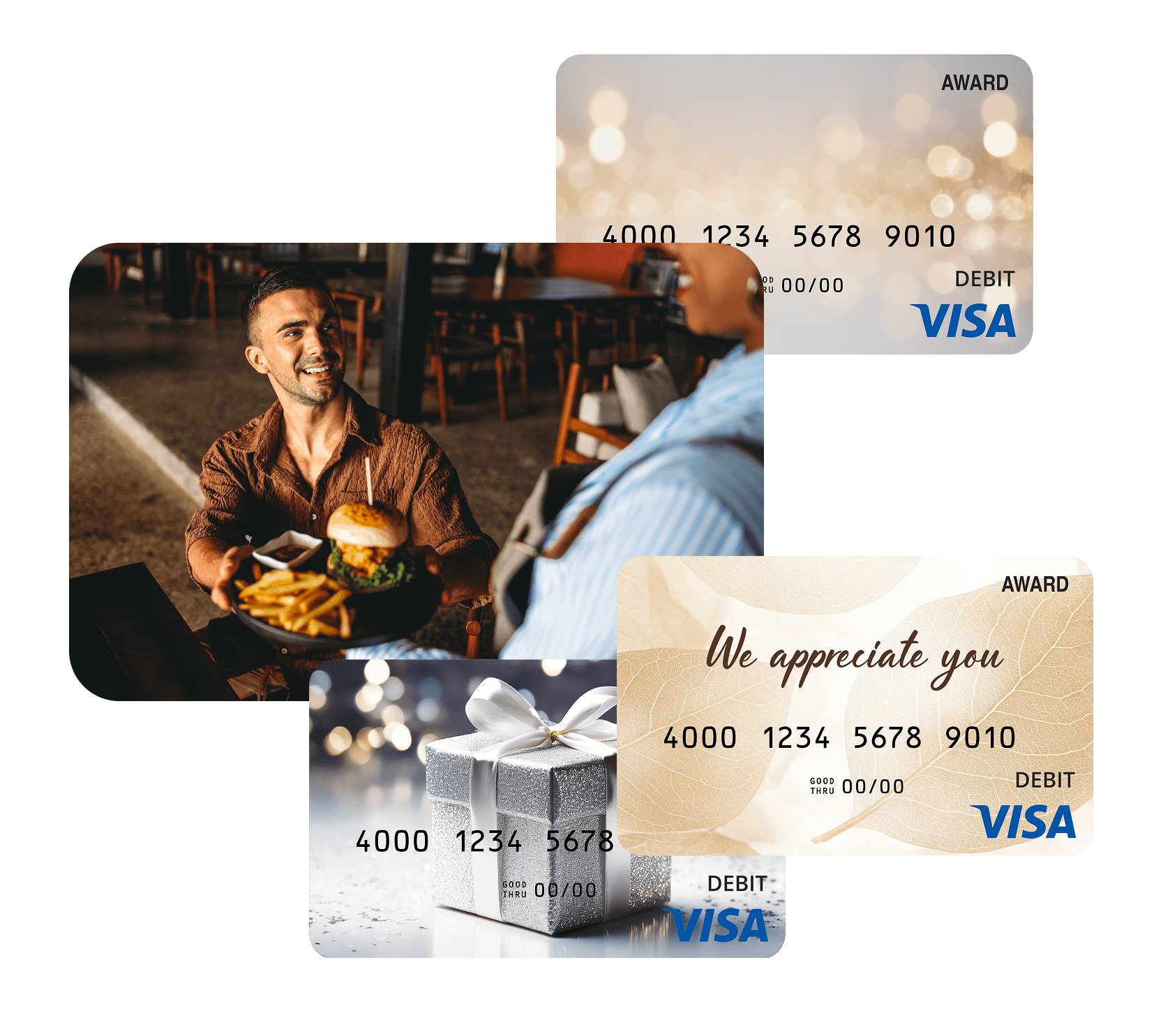 Server gave burger and fries to a man at a table, framed by dining-themed Visa award cards.