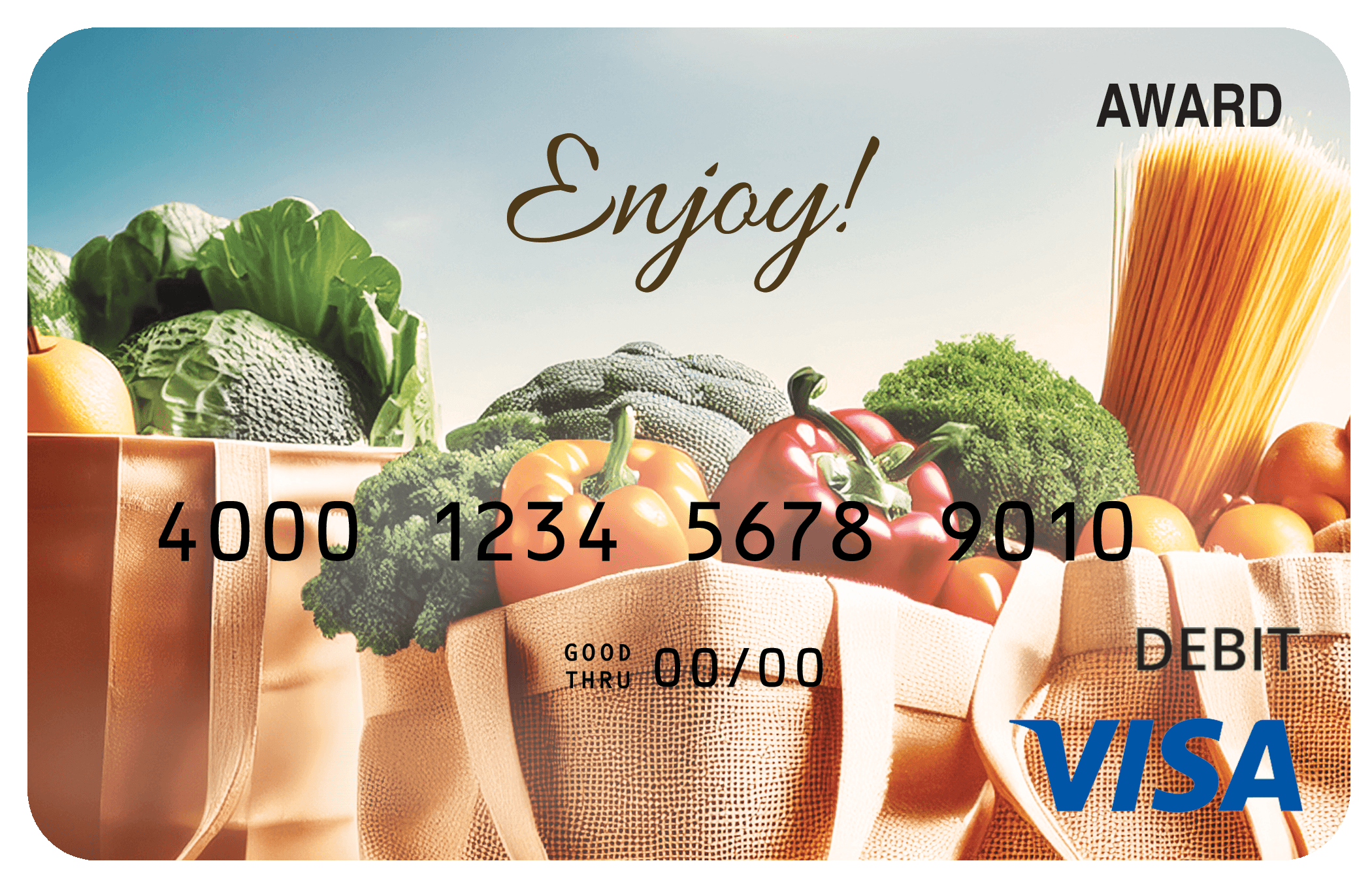 Award debit card with fresh produce imagery and a colorful market-inspired rewards theme.
