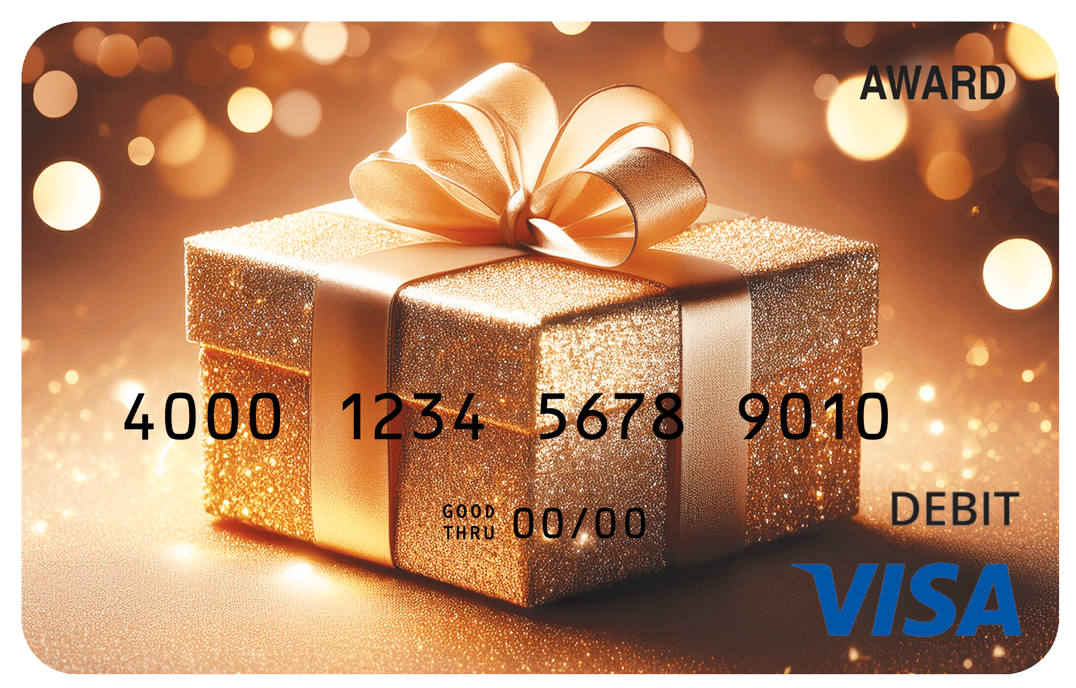 Award debit card with a gold celebratory theme and elegant festive accents.